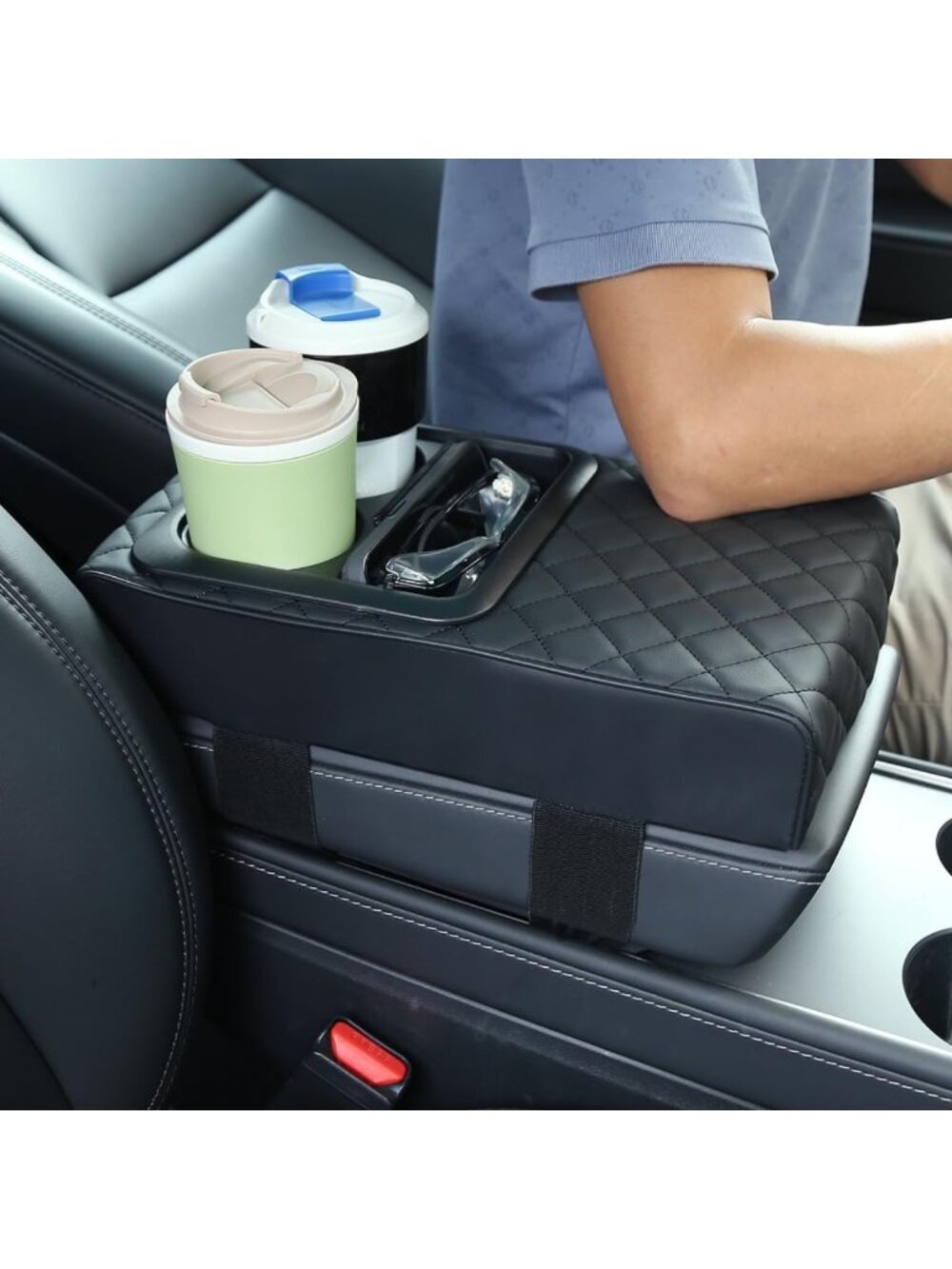 Multifunctional Faux Leather Car Armrest Cushion with Cup Holder & Phone Storage